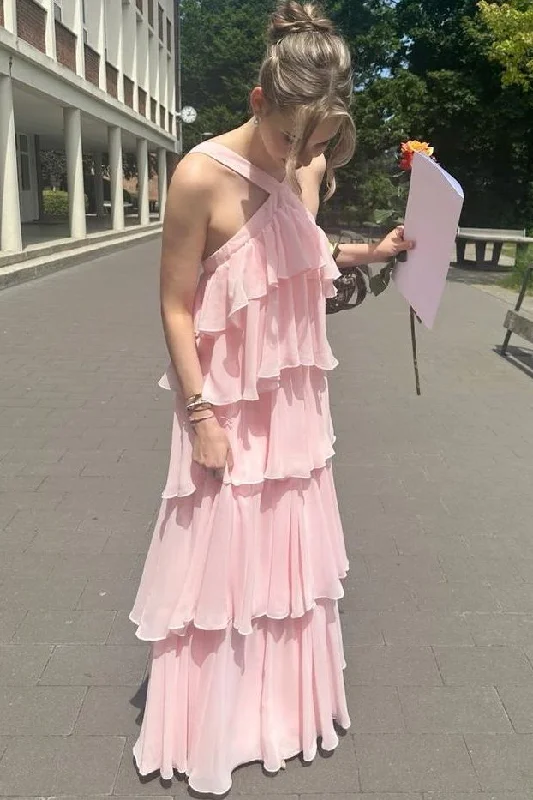 Crazy Deals Pink A-Line Chiffon Tiered Sleeveless Long Formal Prom Dress