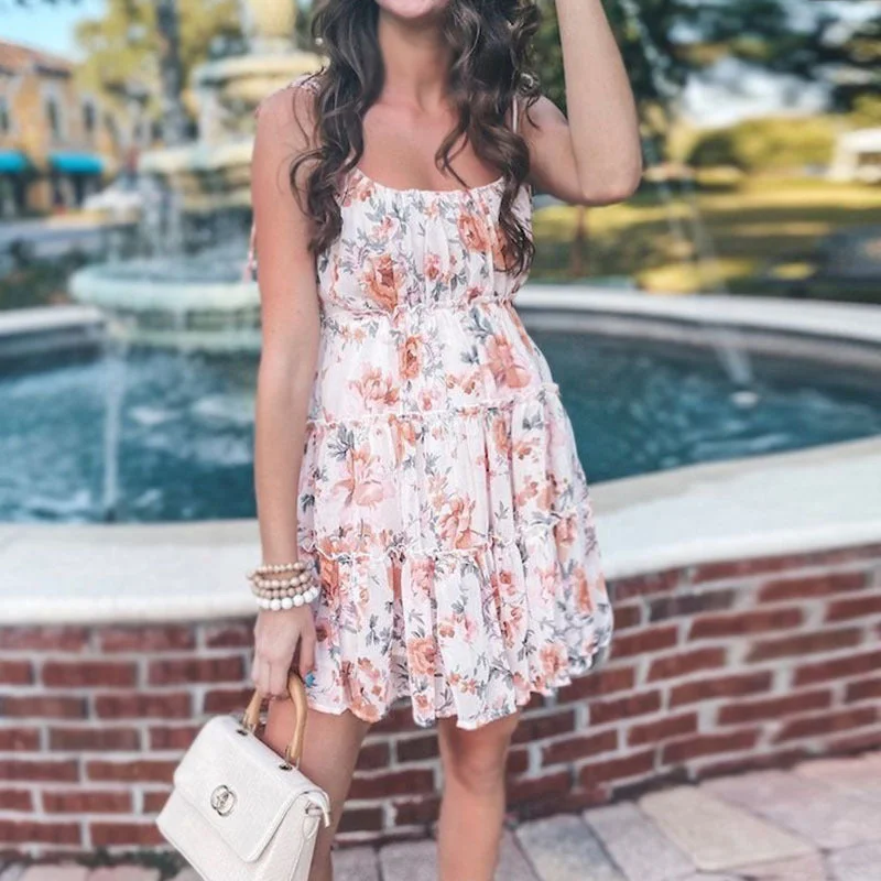 Weekend Flash Sale Vacation-style Sexy Printed Spaghetti Strap Chiffon Bohemian Beach Dress
