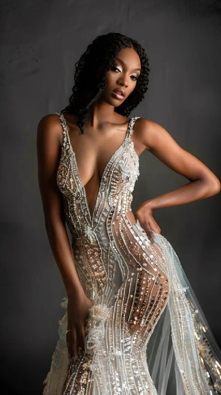 Price Drop Ella-Rose  Elegant Sequin v Neck  White  Mermaid Gown  Wedding Dress