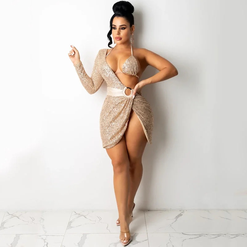 Deal Dash Sexy Nightclub Irregular Glitter Off-Shoulder Dress