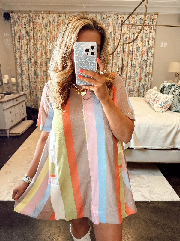 Exclusive Savings Entro Lime Mocha Multicolor Striped Round Neck Mini Swing Dress