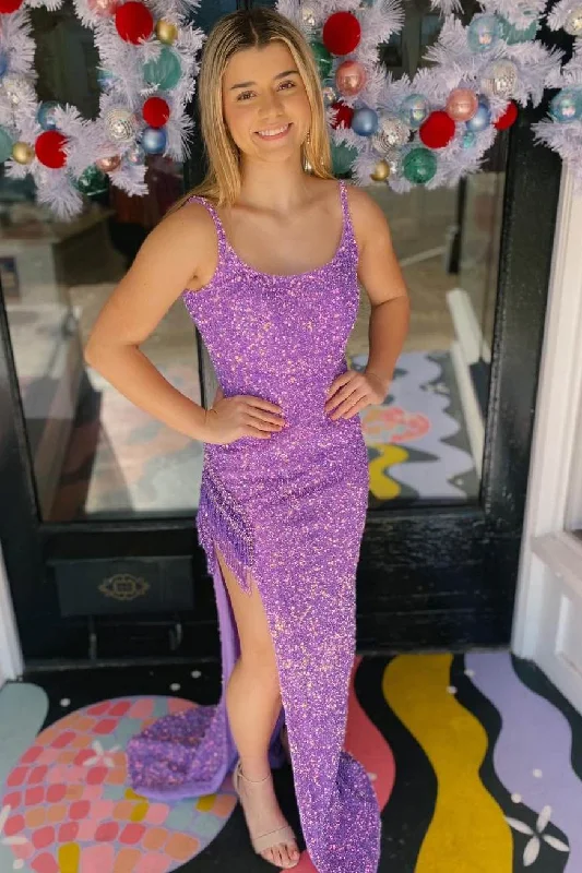Can't Miss Sparkly Straps Scoop Sequined Mermaid Long Prom Dress with Slit