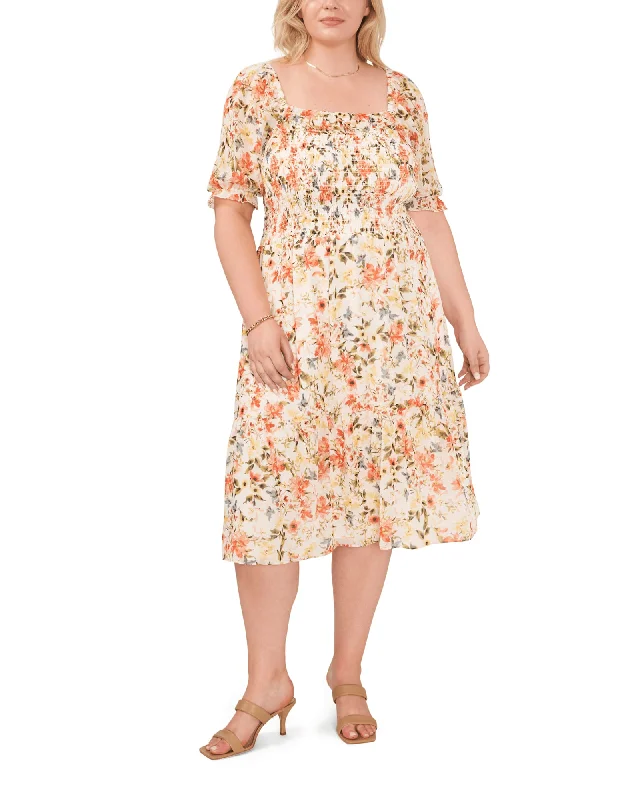 Price Drop Rachelle Puff Sleeve Midi Dress | Daybreak Watercolor