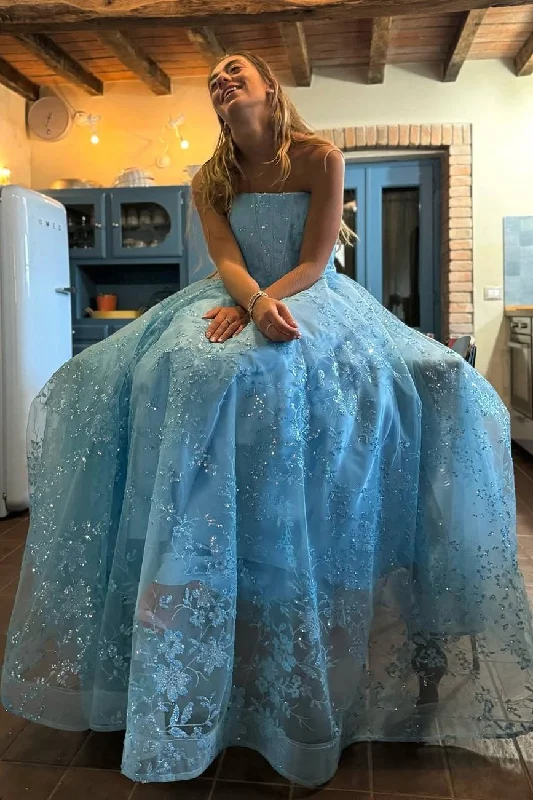 Clearance Items Blue A-Line Strapless Lace Appliques Sleeveless Long Prom Dress