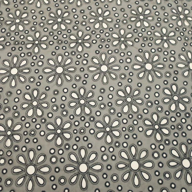 Sale Event Black Floral and Circles Embroidered Organza Fabric