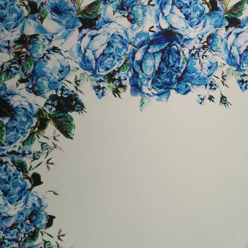 The Best Prices Blue Floral on White Printed Polyester Mikado Fabric