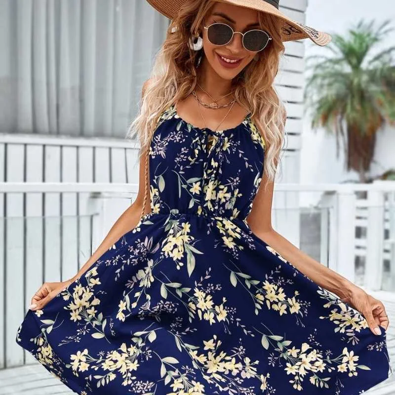 Discount Mania Fashionable Floral Drawstring Elastic Waist Beach Dress