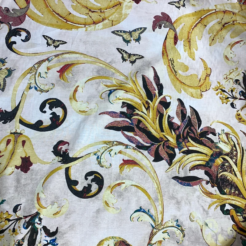 Closeout Gold Medallions - Damask on a White Background Crepe Fabric