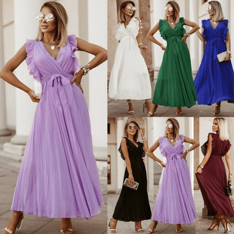 Mega Deal Fashionable Slim Fit Ruffled Chiffon Pleated Dress