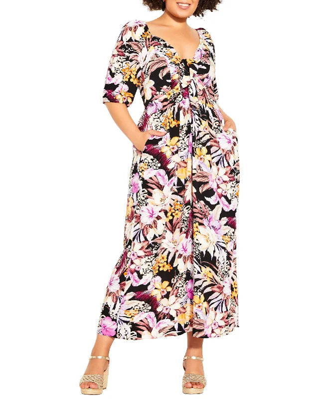 Last Chance Mae Tropical Floral Print Maxi Dress | Black / Ivory