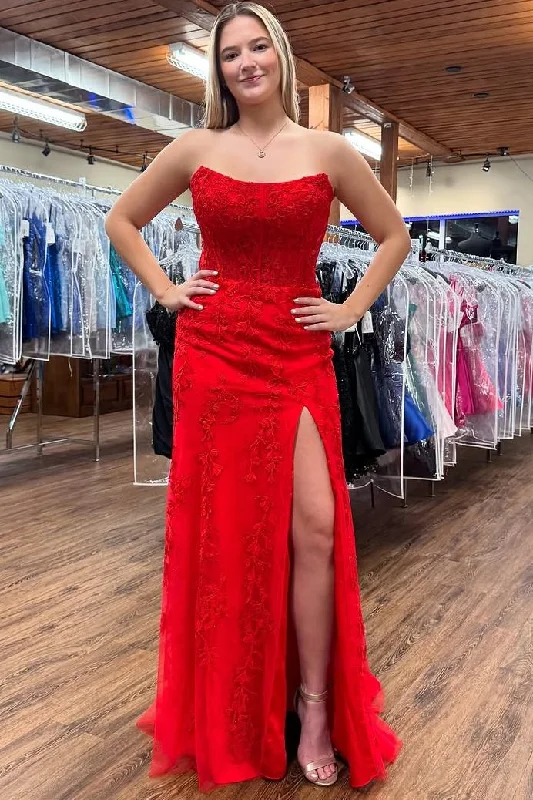 Special Discount Red Strapless Scoop Neck Lace Appliques Prom Dress with Slit