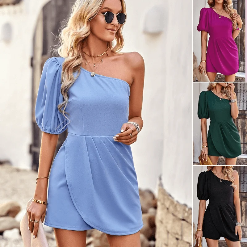 Weekend Flash Sale Summer Commute Solid Color One Shoulder Jumpsuit Dress