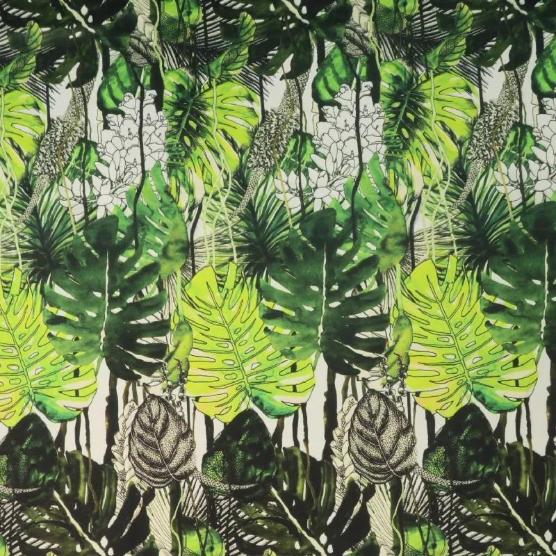 Big Discounts Multicolored Monstera Leaves on White Background Printed Polyester Mikado Fabric Big Discounts Multicolored Monstera Leaves on White Background Printed Polyester Mikado Fabric