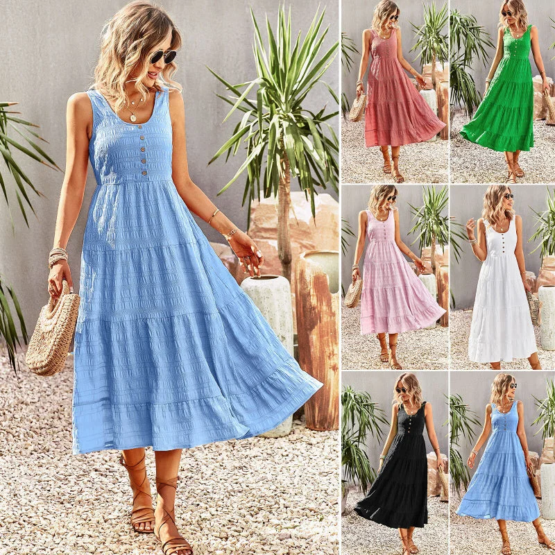 Seasonal Sale Spring and Summer Elegant A-line Spaghetti Strap U-neck Dress