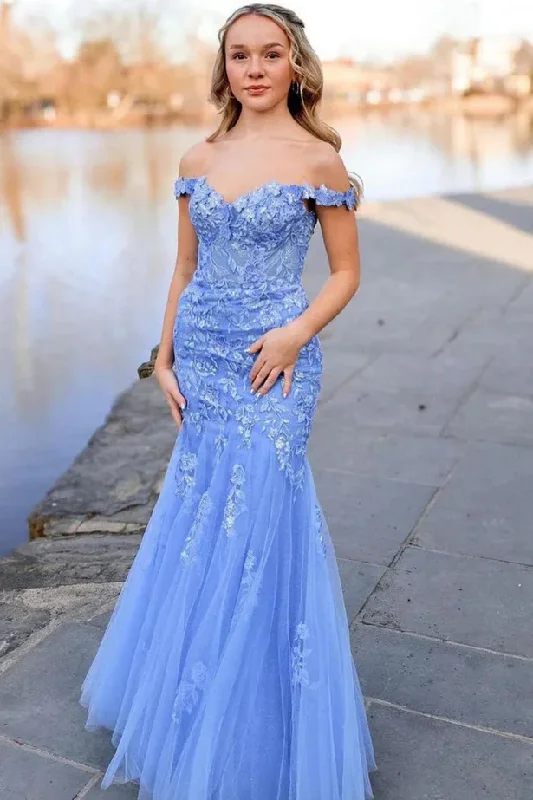 Final Clearance Off-Shoulder Lace Appliques Mermaid Tulle Long Prom Dress