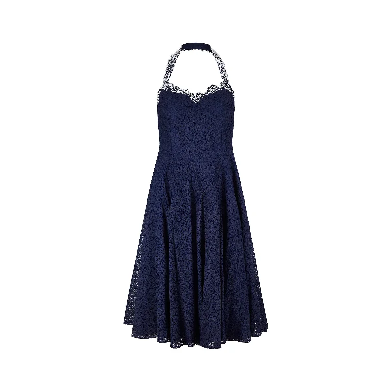 Members Only 1950s Navy Lace and White Beaded Halter Neck Dress Suit