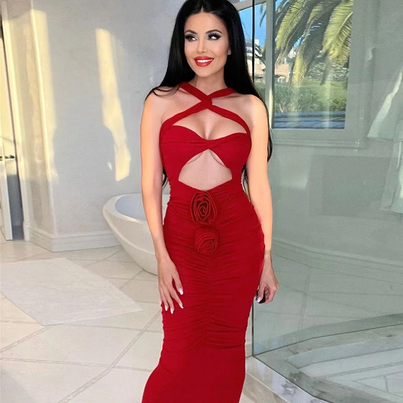 Daily Specials Resort Chic Crossed Halter Hollow Out Sexy Maxi Dress