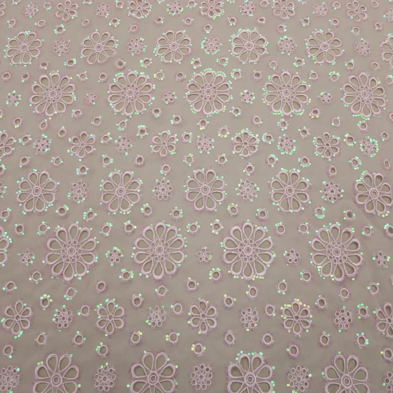 Super Sale Light Pink Floral and Circles Embroidered Organza Fabric