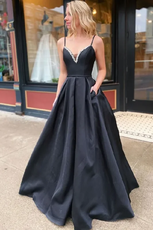 Overstock Black Spaghetti Straps V-Neck Beads Satin Long Formal Prom Dress