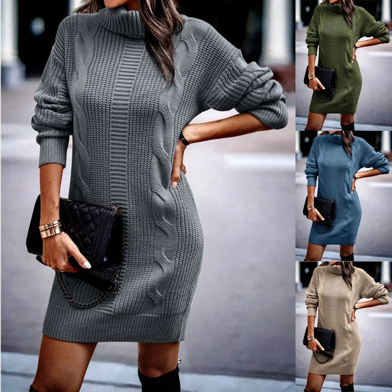 Overstock Autumn and Winter High Neck Long Sleeve Bodycon Sweater Dress