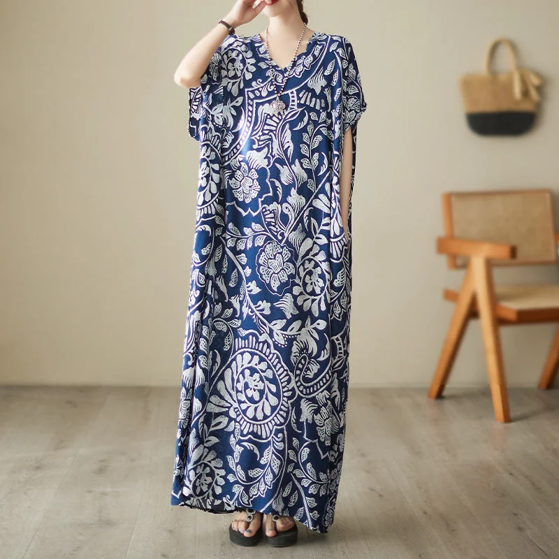 Bargain Prices Bohemian Style V-neck Printed Cotton Maxi Dress