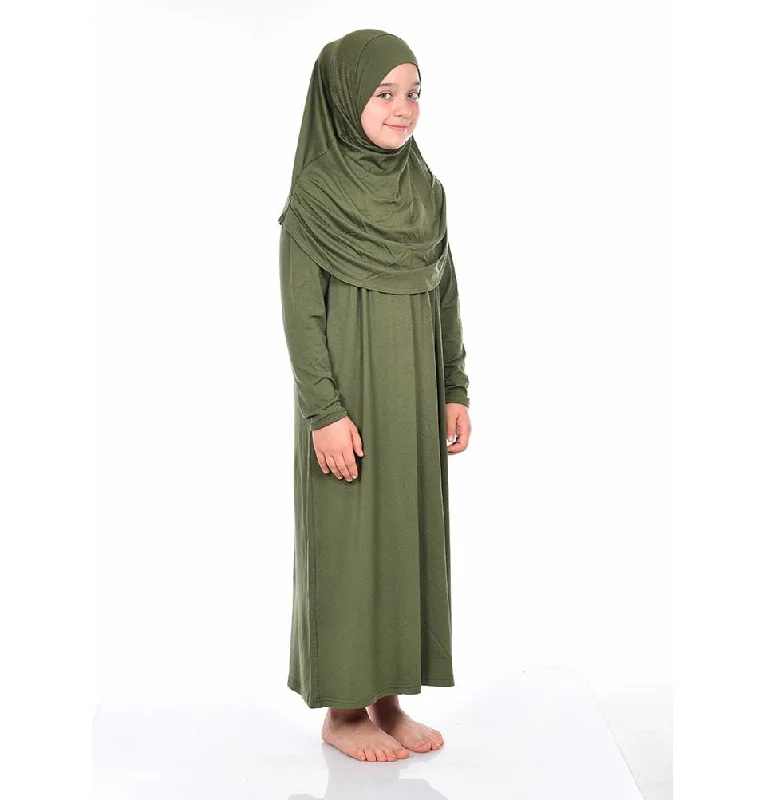 Huge Discounts Modest Muslim Girl’s Practical One Piece Prayer Dress - Olive Green