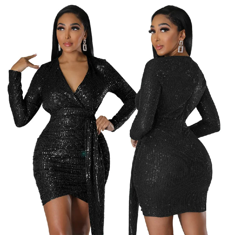 Special Savings Seductively Elegant Deep V-neck Long Sleeve Delicate Shoulder Padding Dress