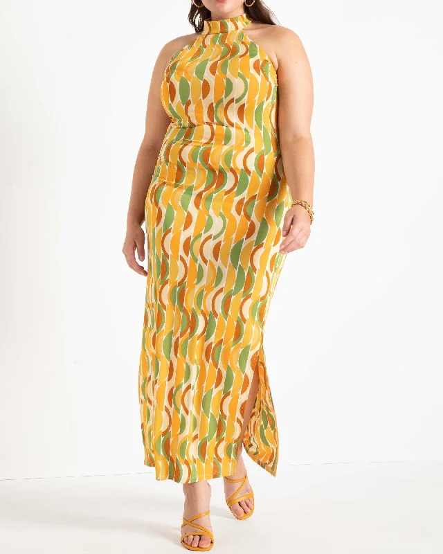 Don’t Miss Out Miranda Sunrise Cabana Halter Dress | Yellow / Olive Green