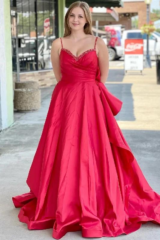 Online Specials A-Line Spaghetti Straps V-Neck Satin Pleated Formal Prom Dress with Bow Online Specials A-Line Spaghetti Straps V-Neck Satin Pleated Formal Prom Dress with Bow