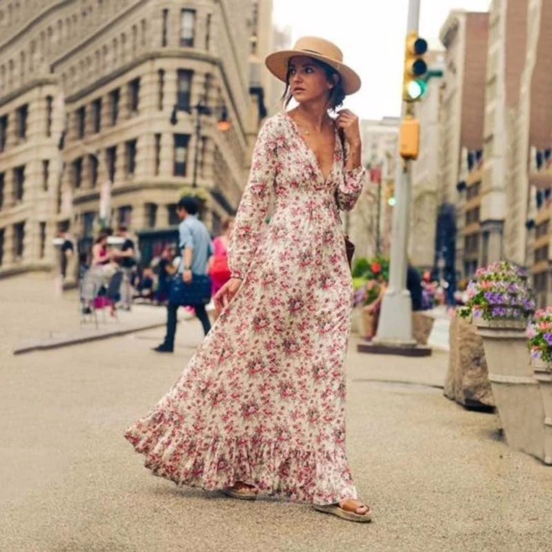 Referral Discount Lantern Sleeves and Flowy Hem Bohemian Maxi Dress