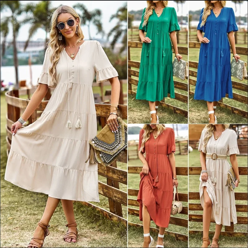 Extra Savings Slack and Casual V-neck Long Dress for Summer