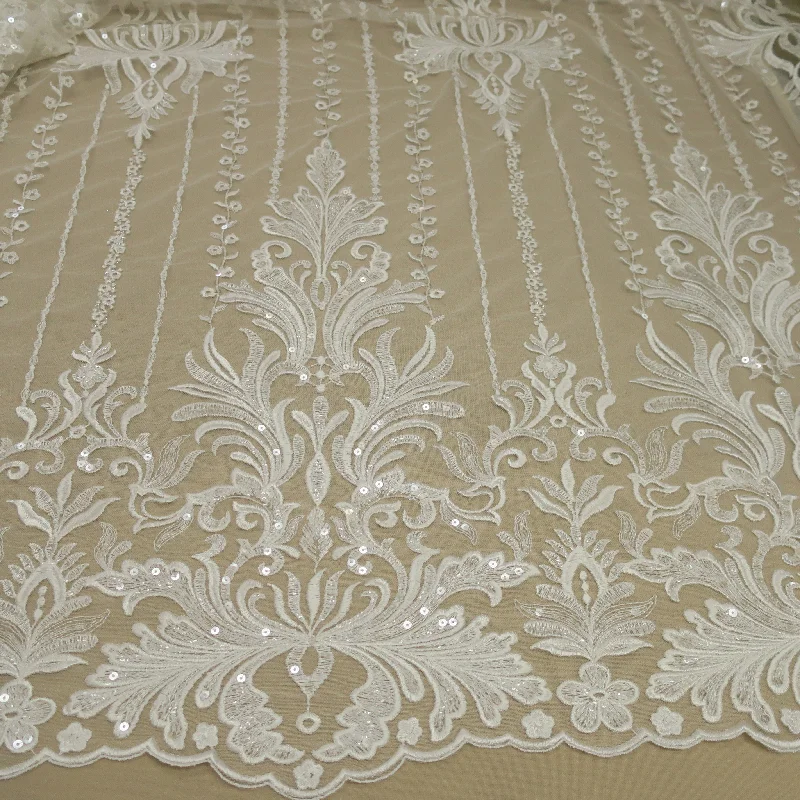 Stock Clearance Off White Floral Embroidered Beaded Single-Scalloped Lace
