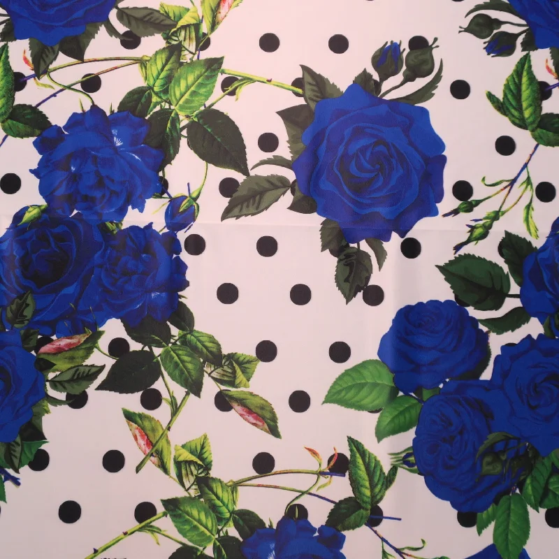 Discount Deals Dots and Blue Roses on White Printed Polyester Mikado Fabric
