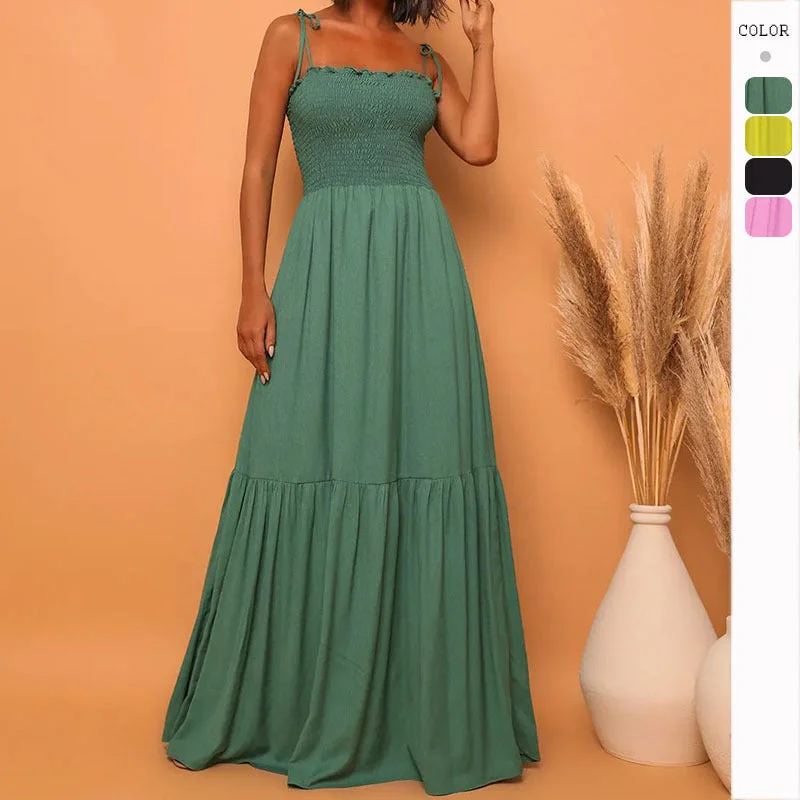 Price Fest Vintage-style High-waisted Sundress with Spaghetti Straps and Flared Dress
