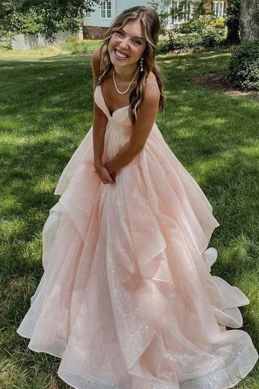 Reduced Prices Pink Spaghetti Straps V-Neck Ruffles Sleeveless Long Prom Dress