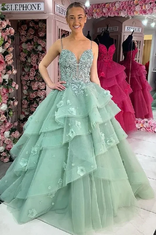 Online Only A-Line Ruffles V-Neck Appliques Sleeveless Long Prom Dress with Train