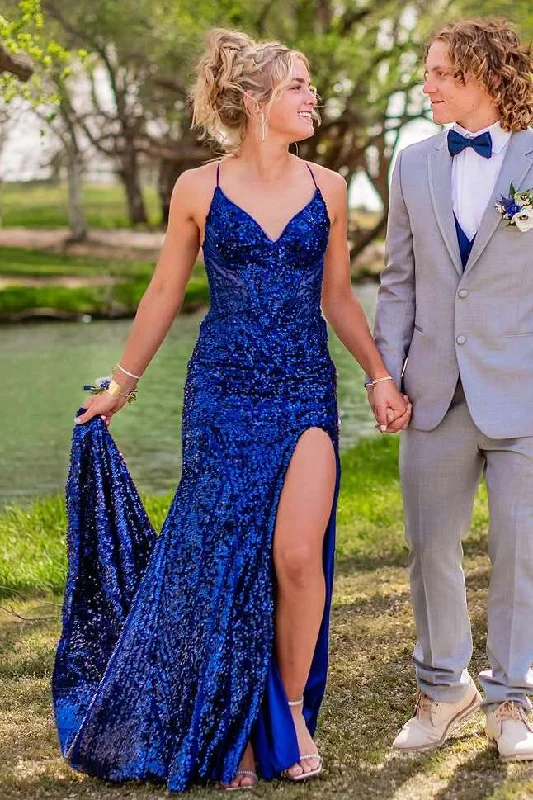 Major Savings Royal Blue Spaghetti Straps V-Neck Sequined Mermaid Prom Dress with Slit Major Savings Royal Blue Spaghetti Straps V-Neck Sequined Mermaid Prom Dress with Slit