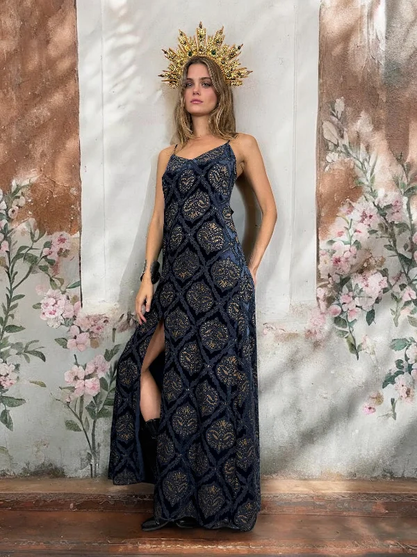 Weekend Deal Ralph Lauren, Denim & Supply, burned velvet navy and gold dress