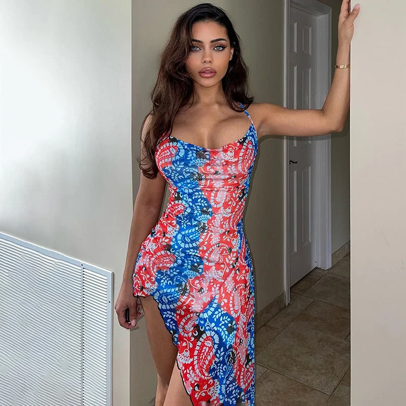 Limited Quantity Summer New Arrival Floral Print Sexy Slit Maxi Dress