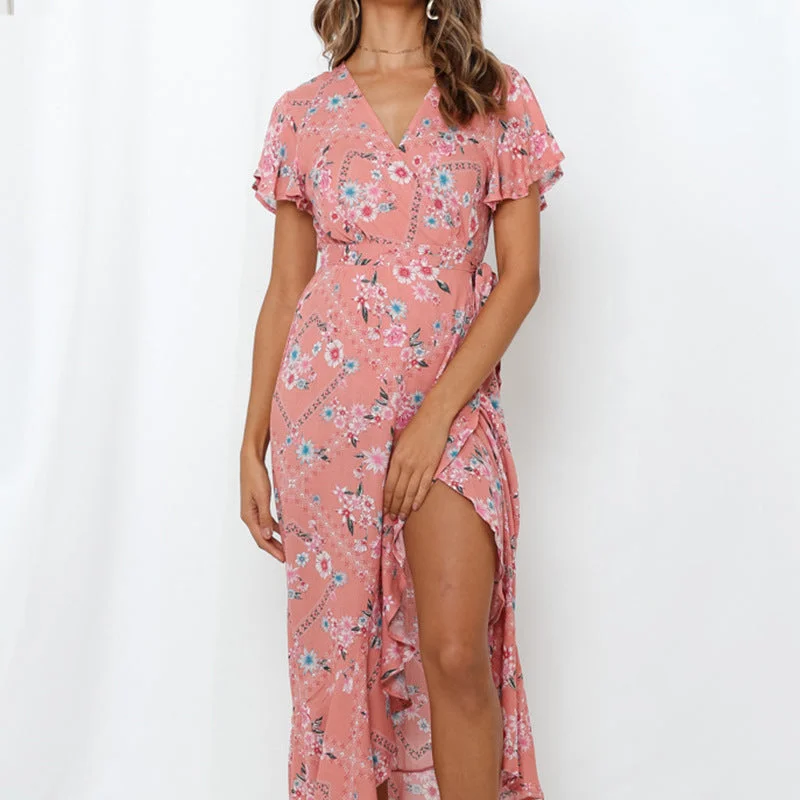 Special Promotion New Sexy V-neck Printed Ruffle Sleeve Dress