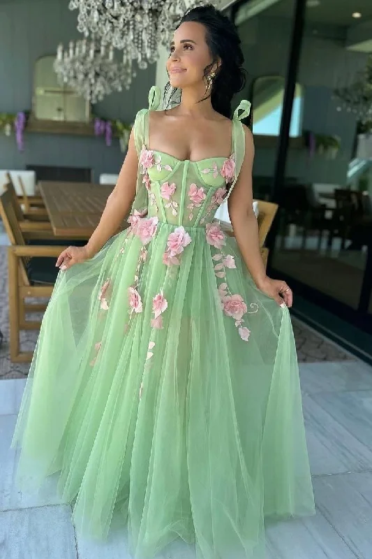 Special Buy Sweet Green A-Line Straps Sleeveless Appliques Tulle Long Prom Dress