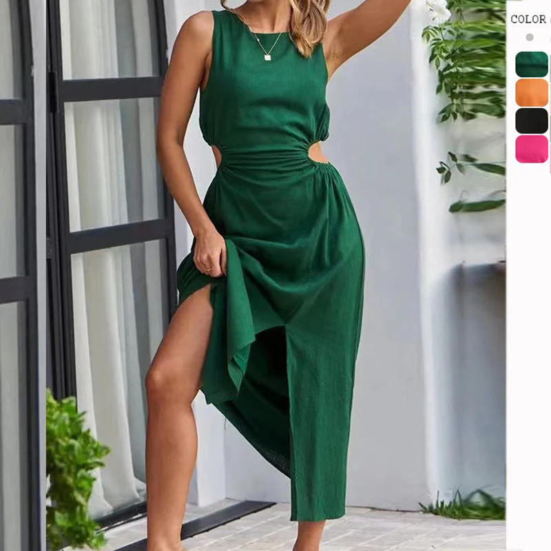 Don't Wait Fashionable and Sexy Round Neck Solid Color Dress