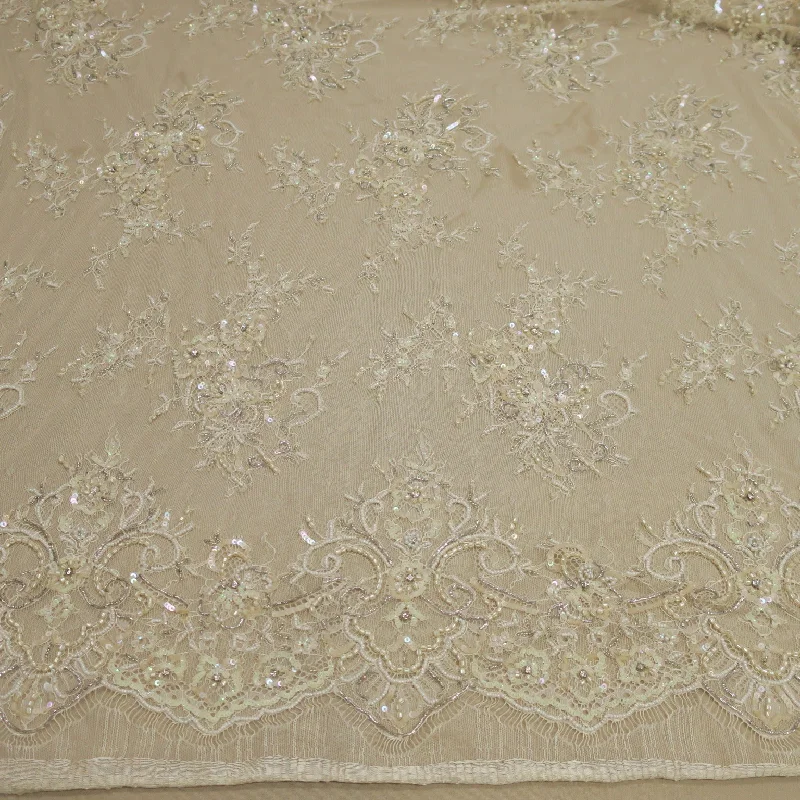 Super Sale Ivory Floral Embroidered Beaded Double Scalloped Lace