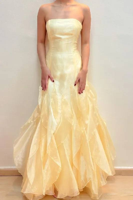 Extra Discounts Yellow Strapless Scoop Neck Ruffles Sleeveless Formal Prom Dress