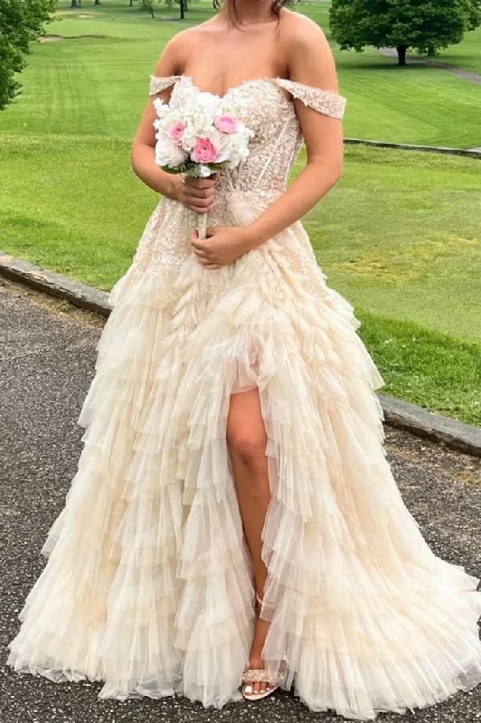 Deep Discounts Off-Shoulder Sweetheart Appliques Ruffles Tulle Layered Prom Dress with Slit Deep Discounts Off-Shoulder Sweetheart Appliques Ruffles Tulle Layered Prom Dress with Slit