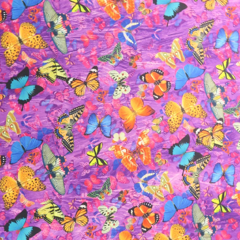 Act Now Multicolored Butterflies on Purple Background Printed Polyester Mikado Fabric