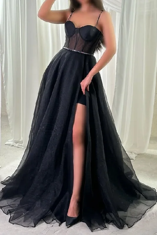 Weekend Deal Black A-Line Straps Sweetheart Empire-Waist Tulle Prom Formal Dress with Slit