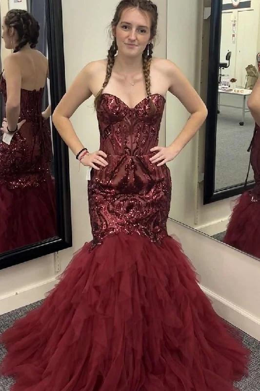 Stock Clearance Burgundy Strapless Sequins Appliques Mermaid Ruffles Formal Prom Dress Stock Clearance Burgundy Strapless Sequins Appliques Mermaid Ruffles Formal Prom Dress
