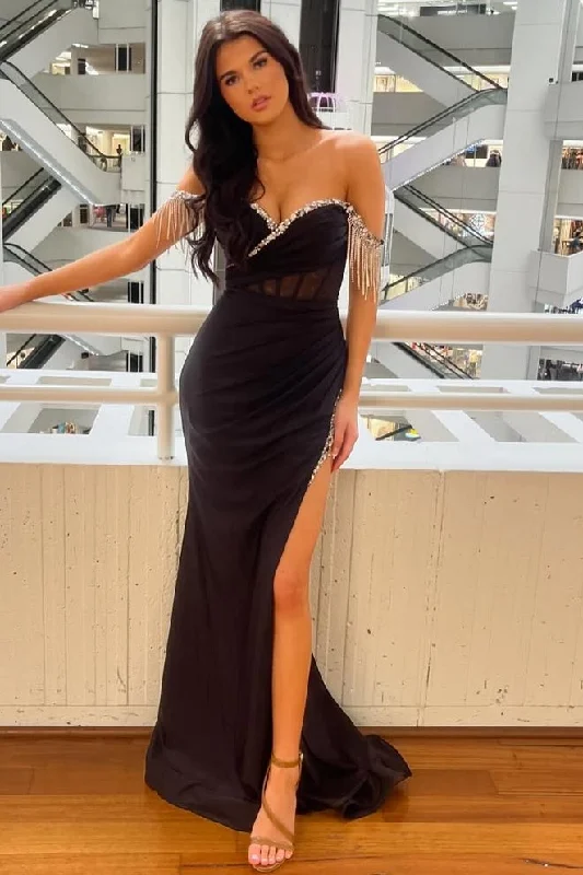 Price Meltdown Off-Shoulder Black Sweetheart Beads Side Slit Long Formal Prom Dress Price Meltdown Off-Shoulder Black Sweetheart Beads Side Slit Long Formal Prom Dress