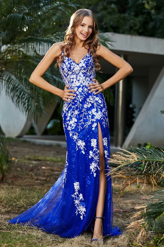 Can't Miss Slit Spaghetti Straps Applique Tulle Dress